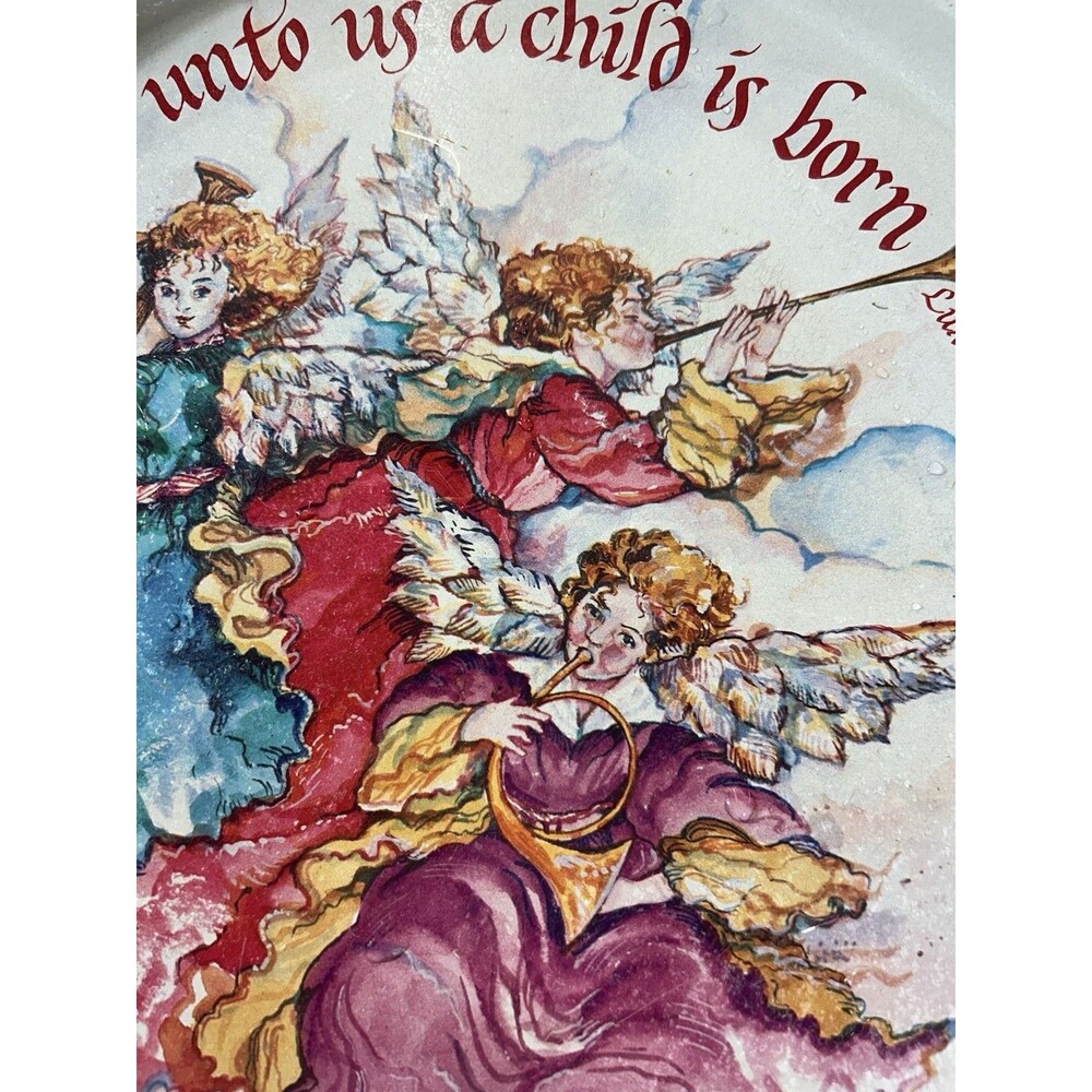 Vintage Christmas Metal Tin Serving Tray 12" Unto Us A Child Is Born Nativity 90 - Picture 3 of 5